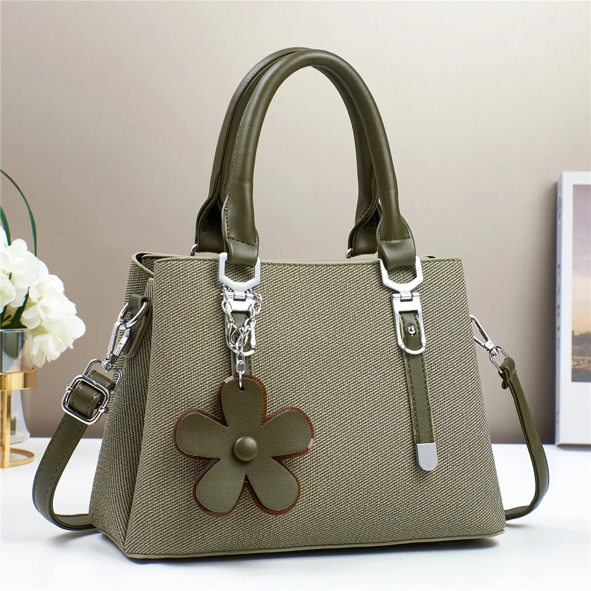 Flower Charm Structured Handbag with Crossbody Strap