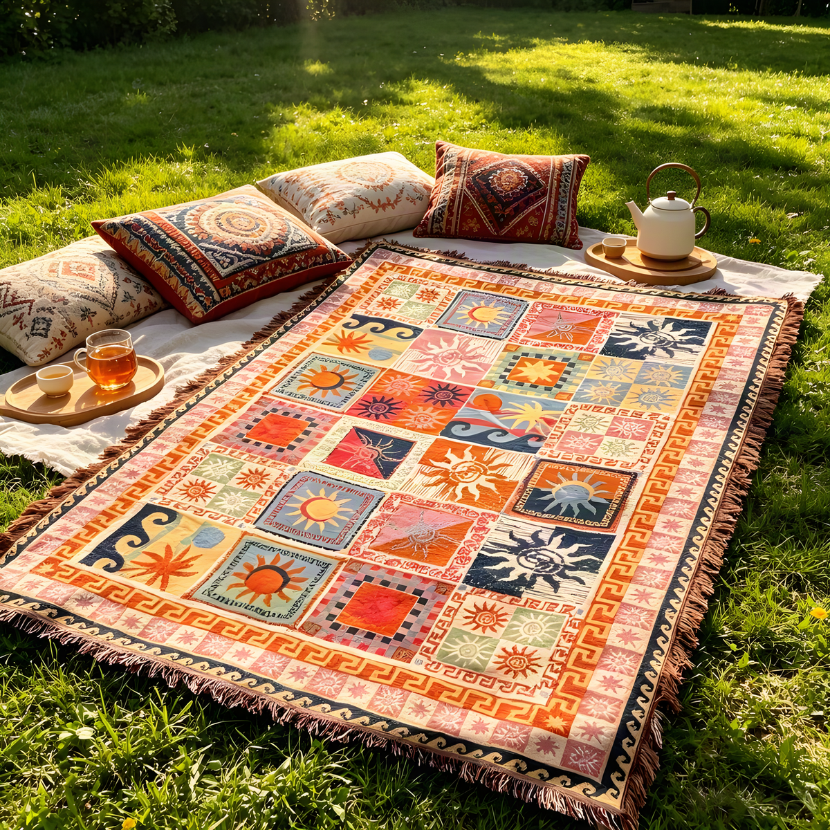 Illustrated Woven Throw Blanket with Fringe, 130 x 160 cm
