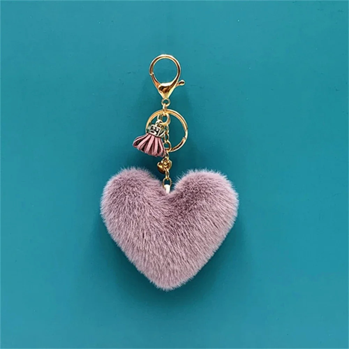 Fluffy Heart Keychain Charm with Tassel and Gold-Tone Clasp