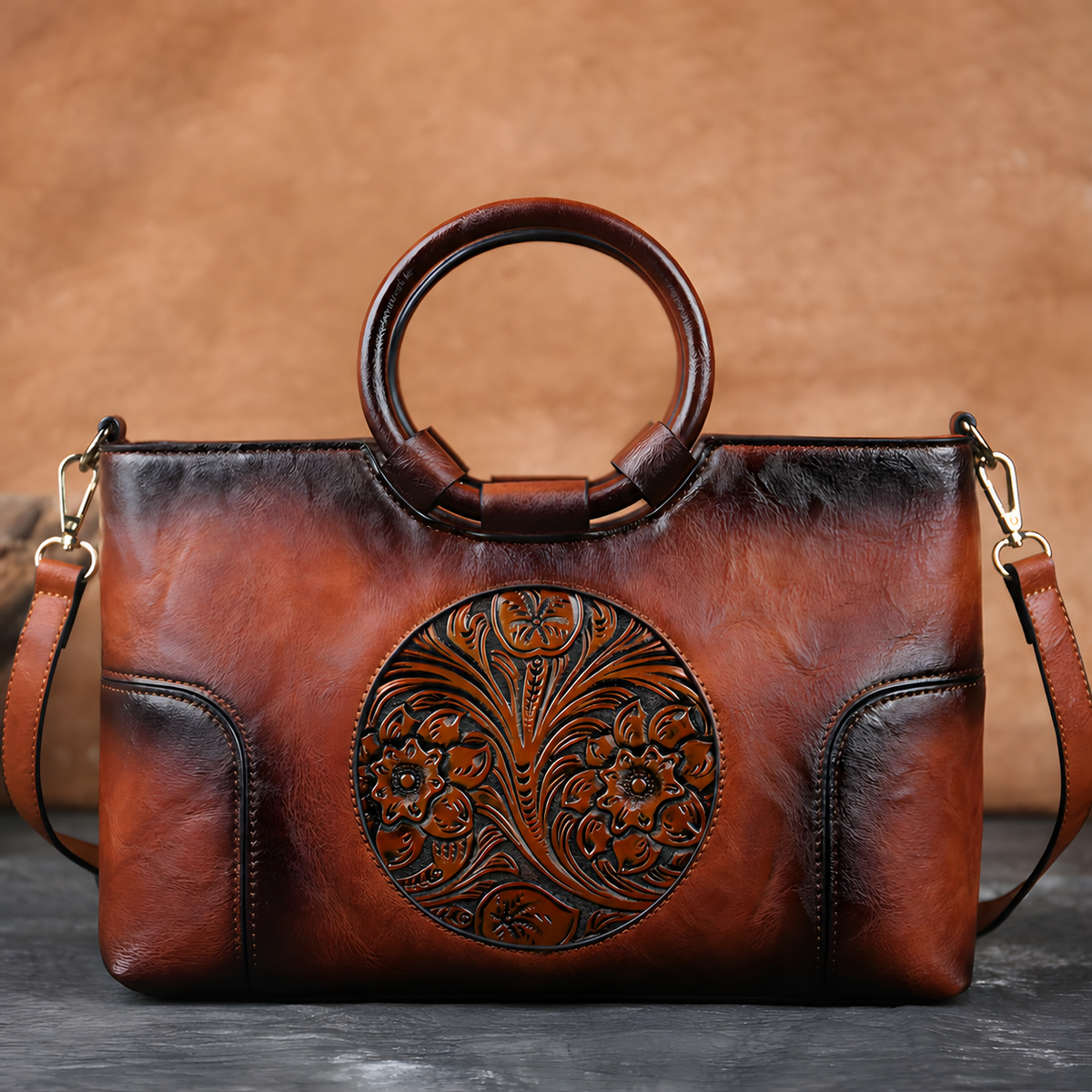 Embossed PU Satchel Handbag with Top Handles and Shoulder Strap
