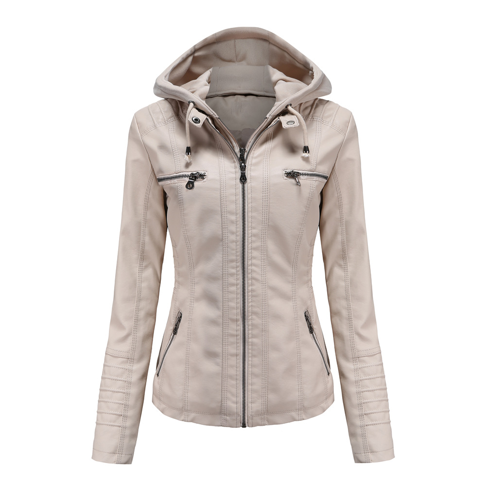 Women's PU Leather Jacket with Removable Hood and Zip Pockets