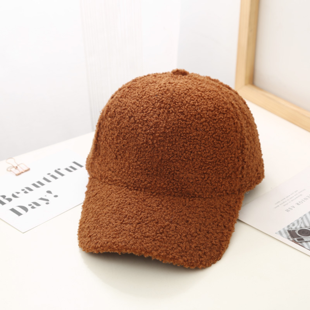 Teddy-Fleece Baseball Cap with Curved Brim and Adjustable Strap