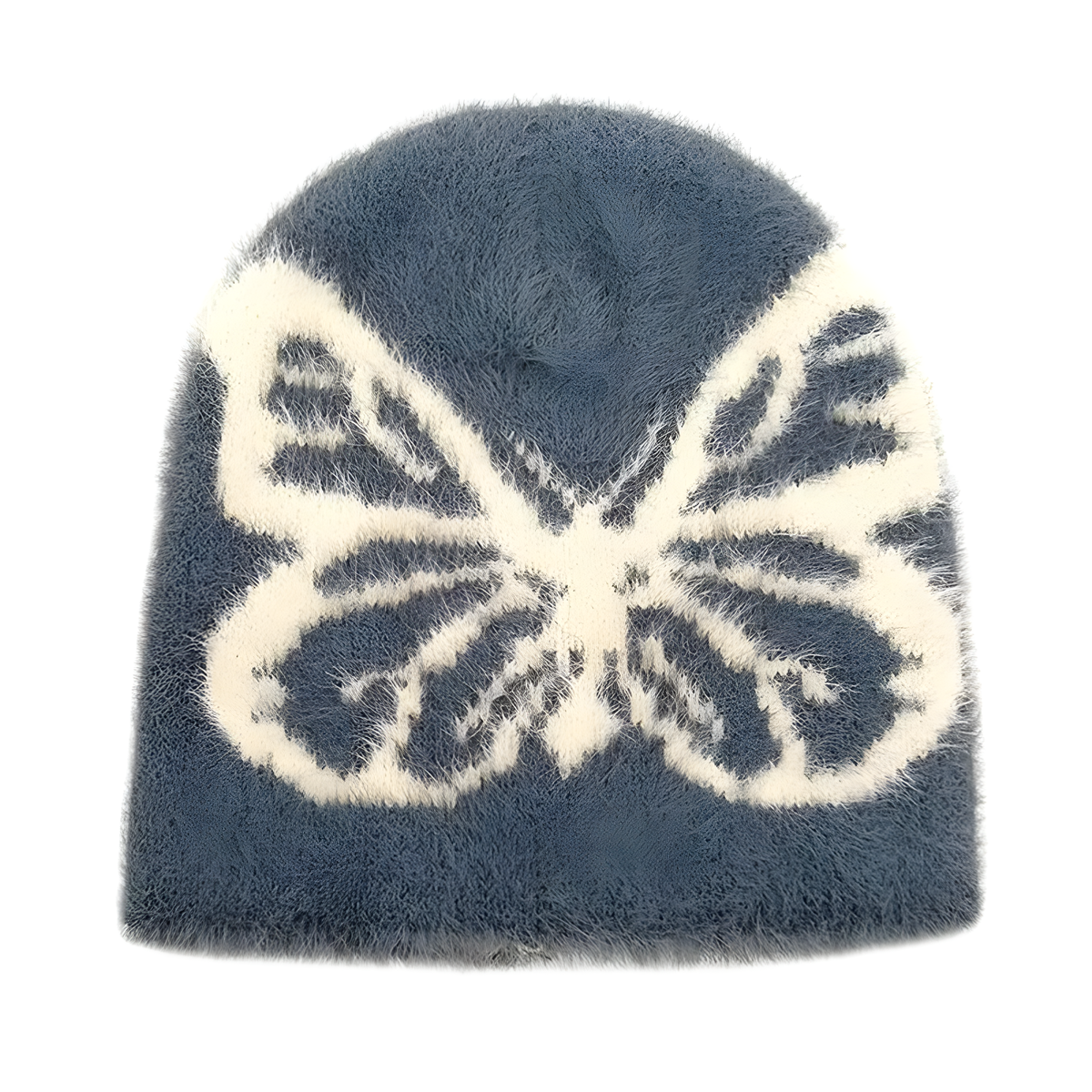 Fuzzy Butterfly Knit Beanie with Contrast Motif in Seven Colors