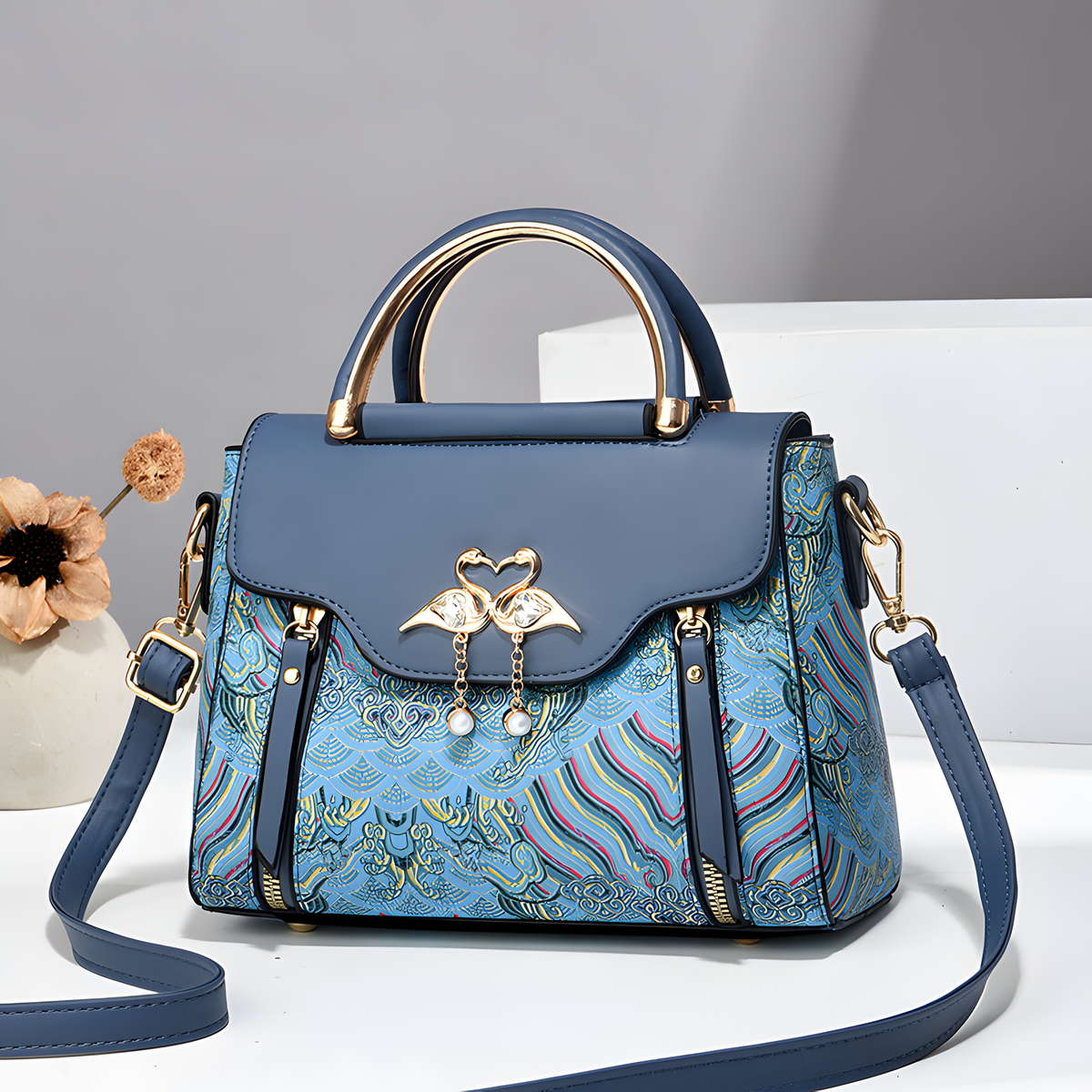 Printed Shoulder Bag with Bird Charm and Zip Divider, 22.5 cm