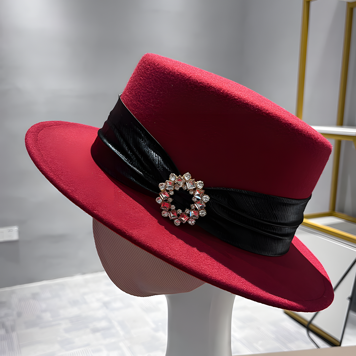 Wool Flat-Top Hat with Decorative Band and Brooch Detail