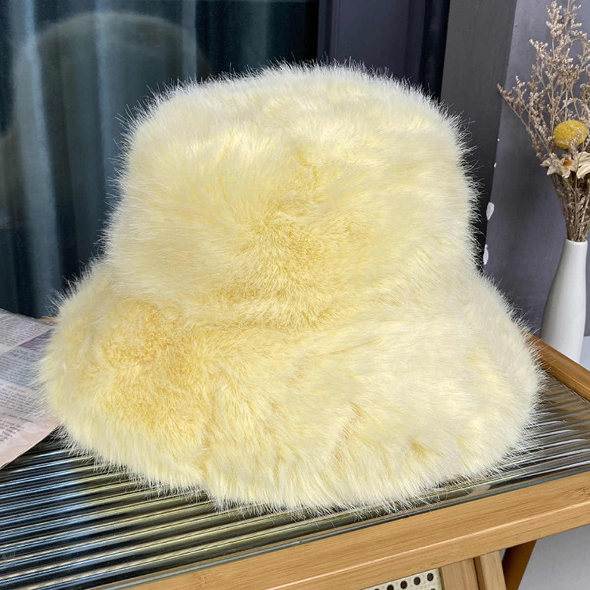 Plush Faux-Fur Bucket Hat with Rounded Crown and Soft Brim