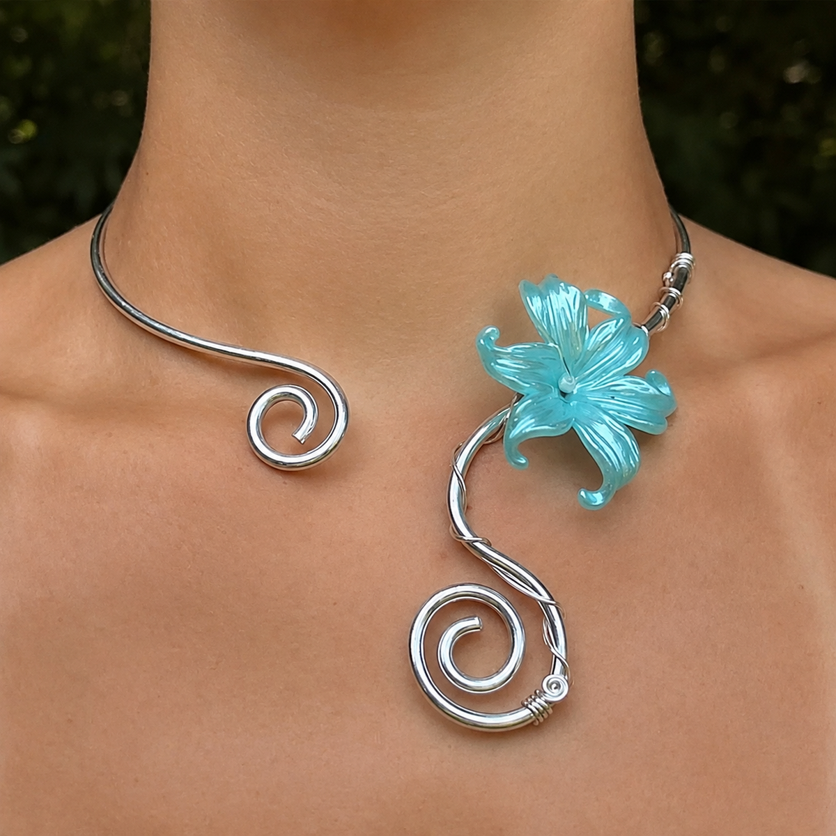Iris Flower Choker, Open Collar Necklace with Spiral Details