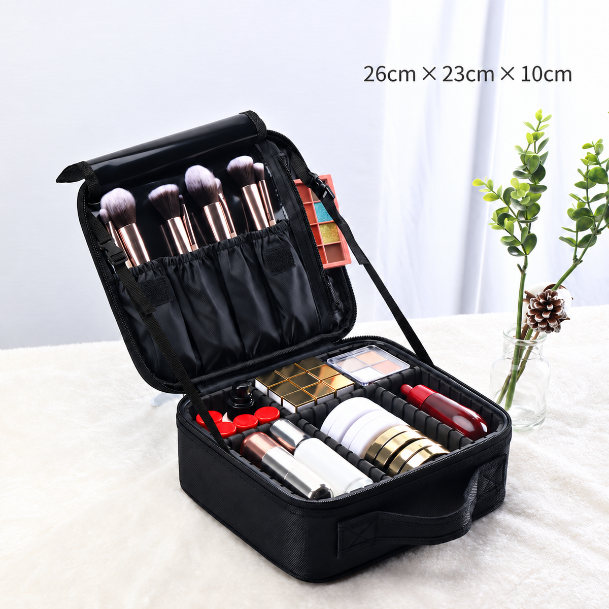 Makeup Travel Case, Adjustable Dividers and Brush Storage