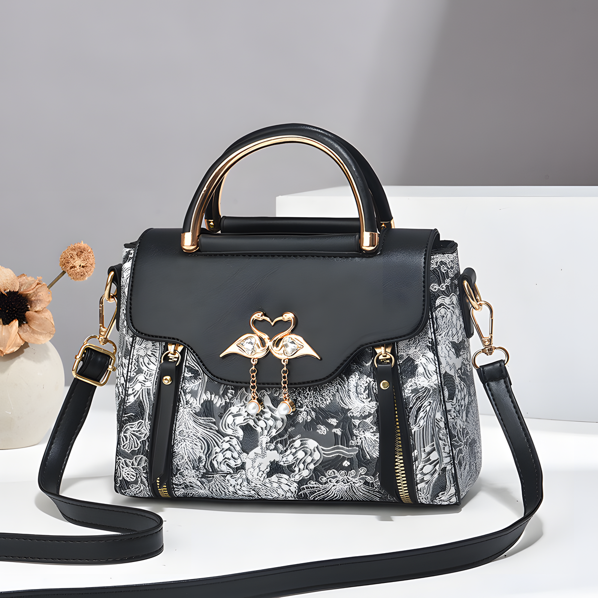 Printed Shoulder Bag with Bird Charm and Zip Divider, 22.5 cm