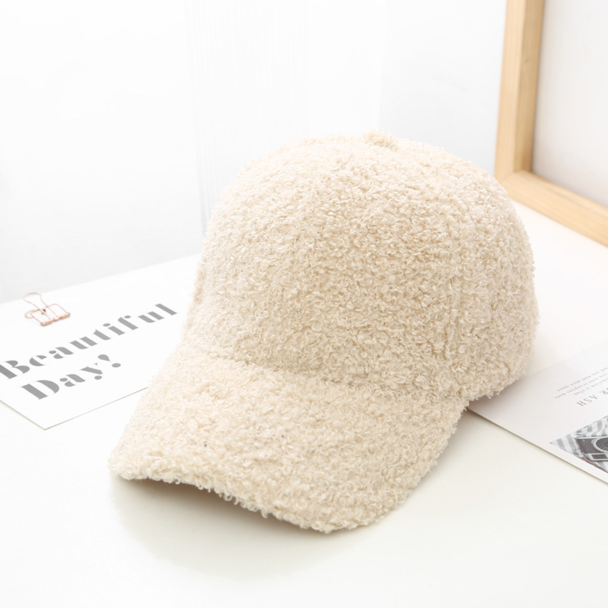 Teddy-Fleece Baseball Cap with Curved Brim and Adjustable Strap