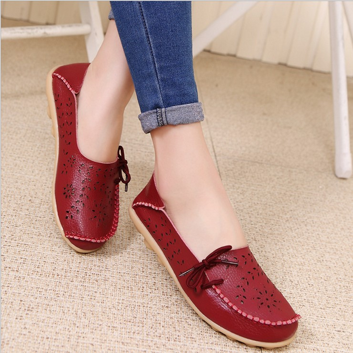 Women's Perforated Lace-Up Casual Shoes with Flat Sole