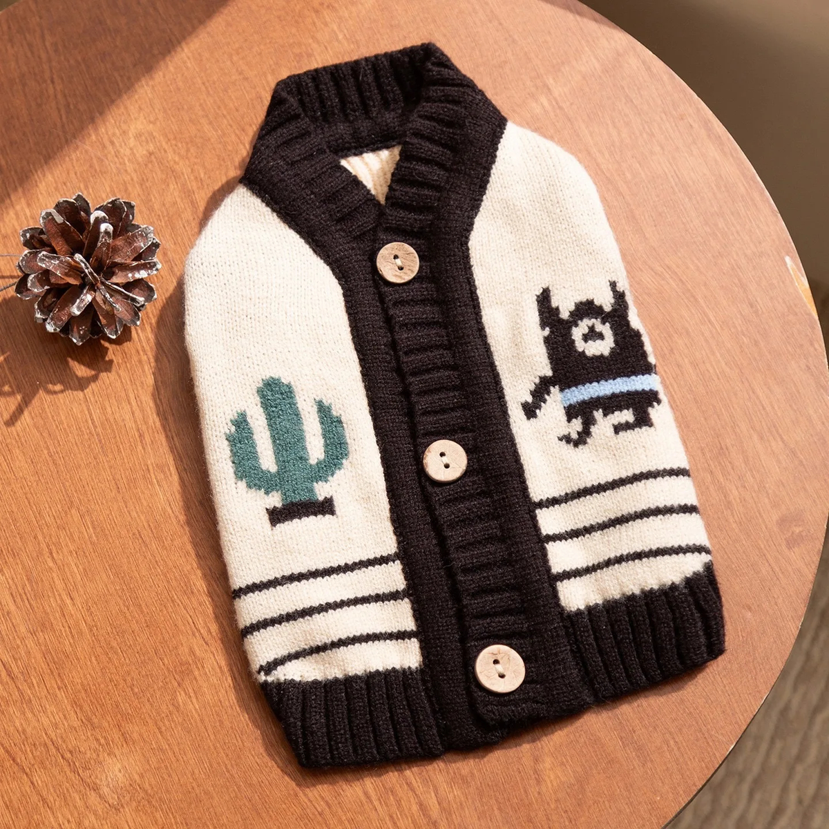 Knitted Pet Sweater with Ribbed Neck and Short Sleeves for Cool Days