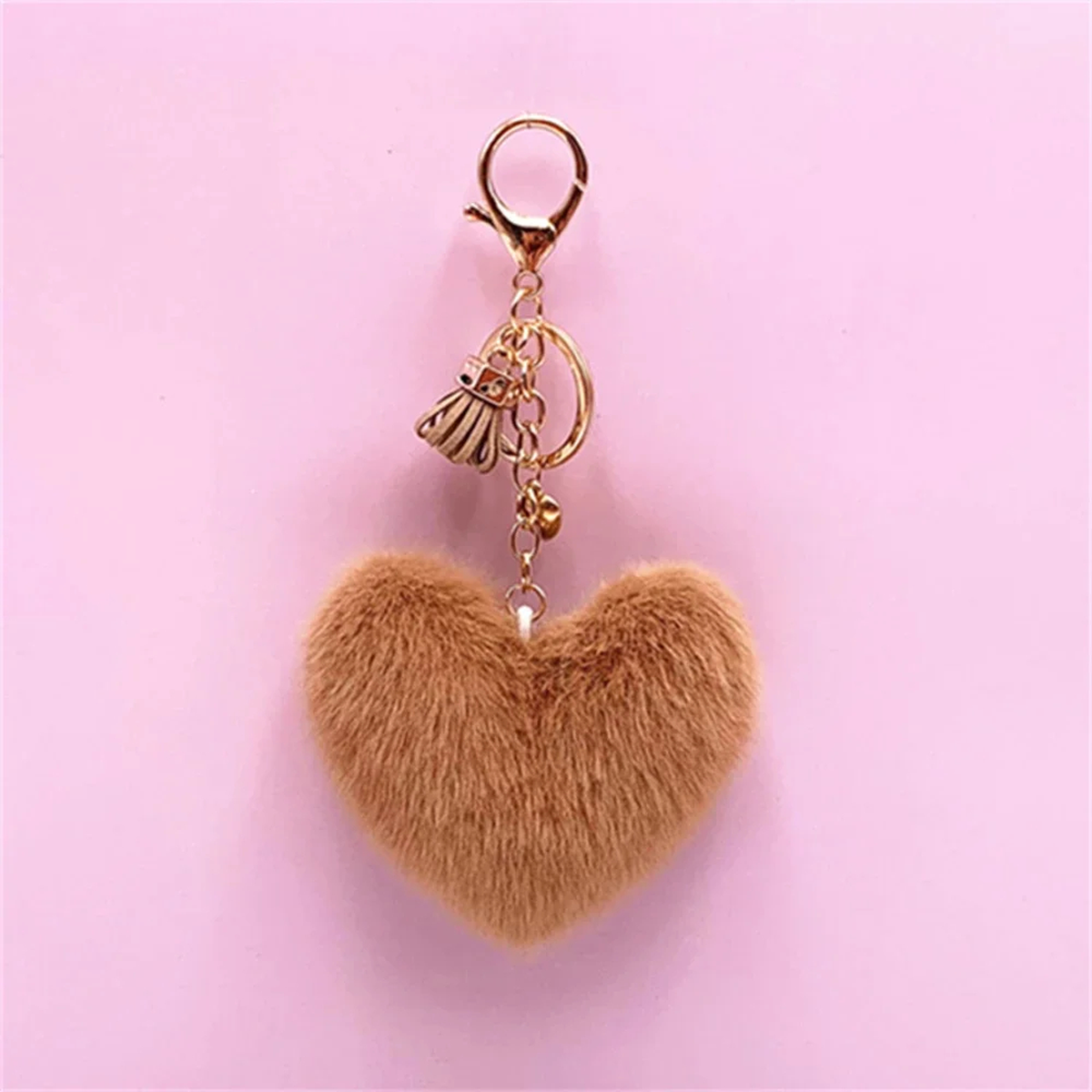 Fluffy Heart Keychain Charm with Tassel and Gold-Tone Clasp