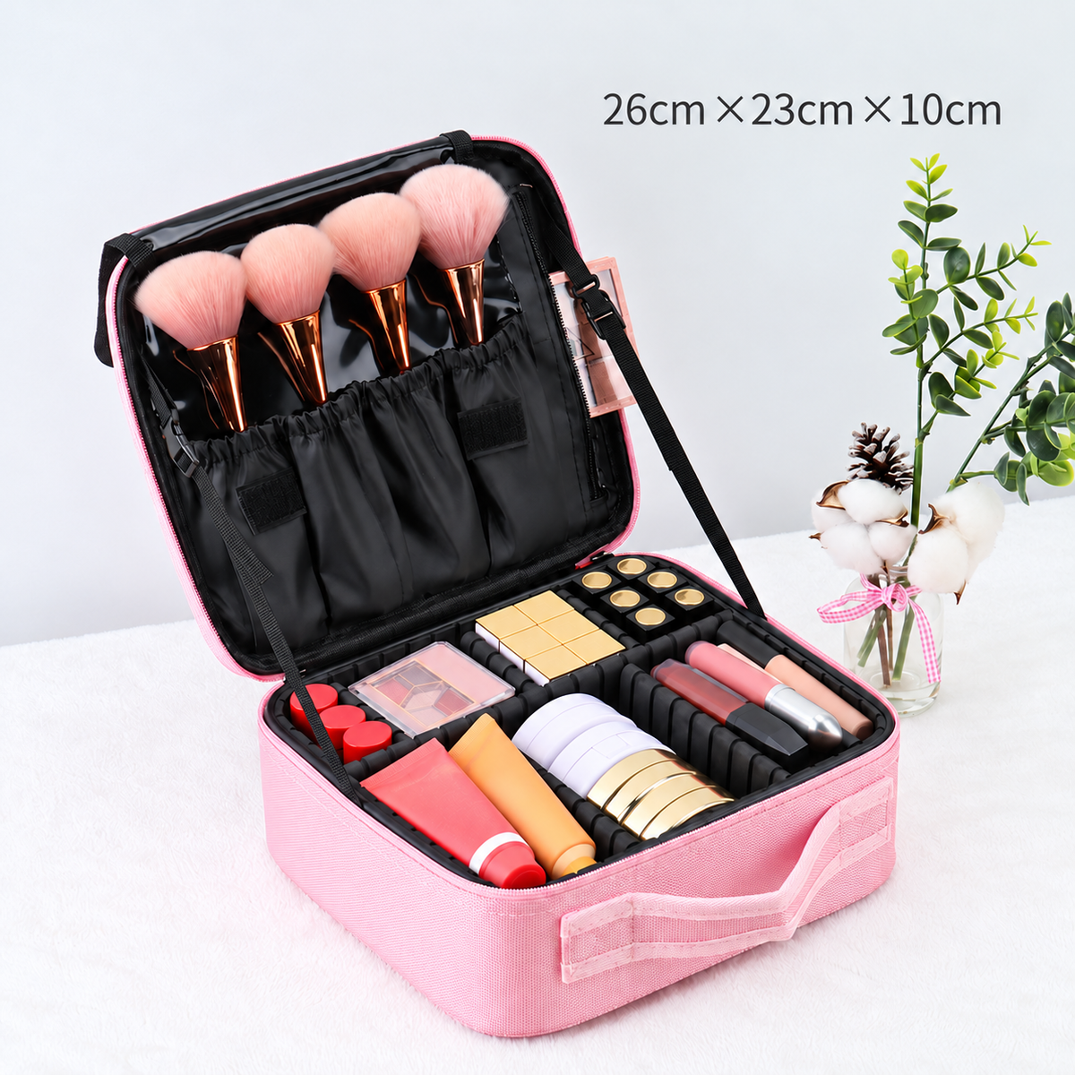 Makeup Travel Case, Adjustable Dividers and Brush Storage