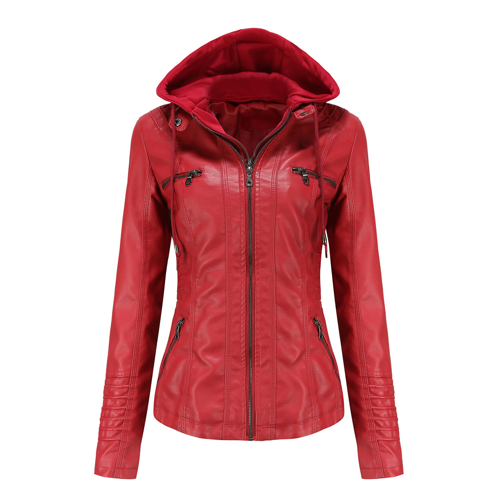Women's PU Leather Jacket with Removable Hood and Zip Pockets