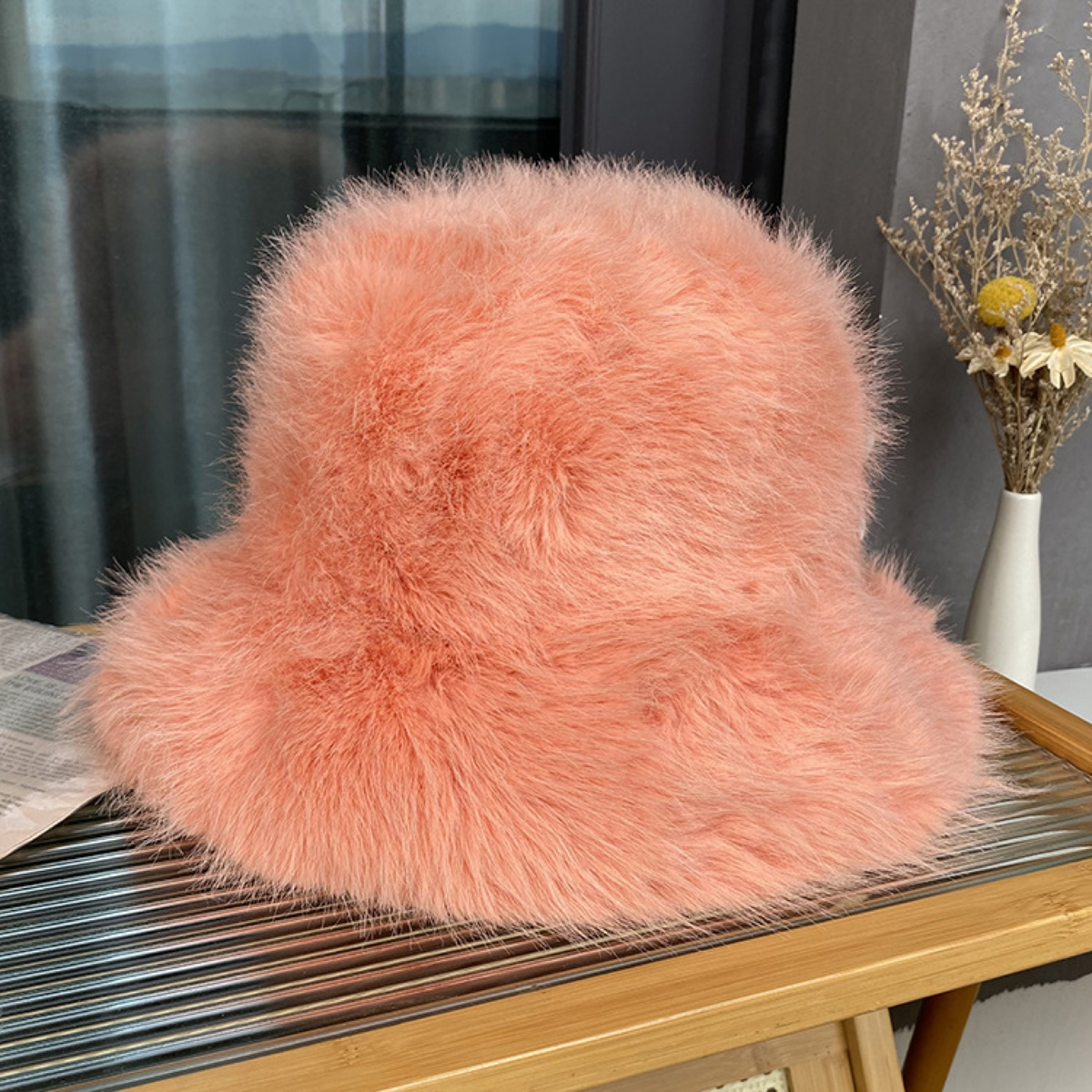 Plush Faux-Fur Bucket Hat with Rounded Crown and Soft Brim