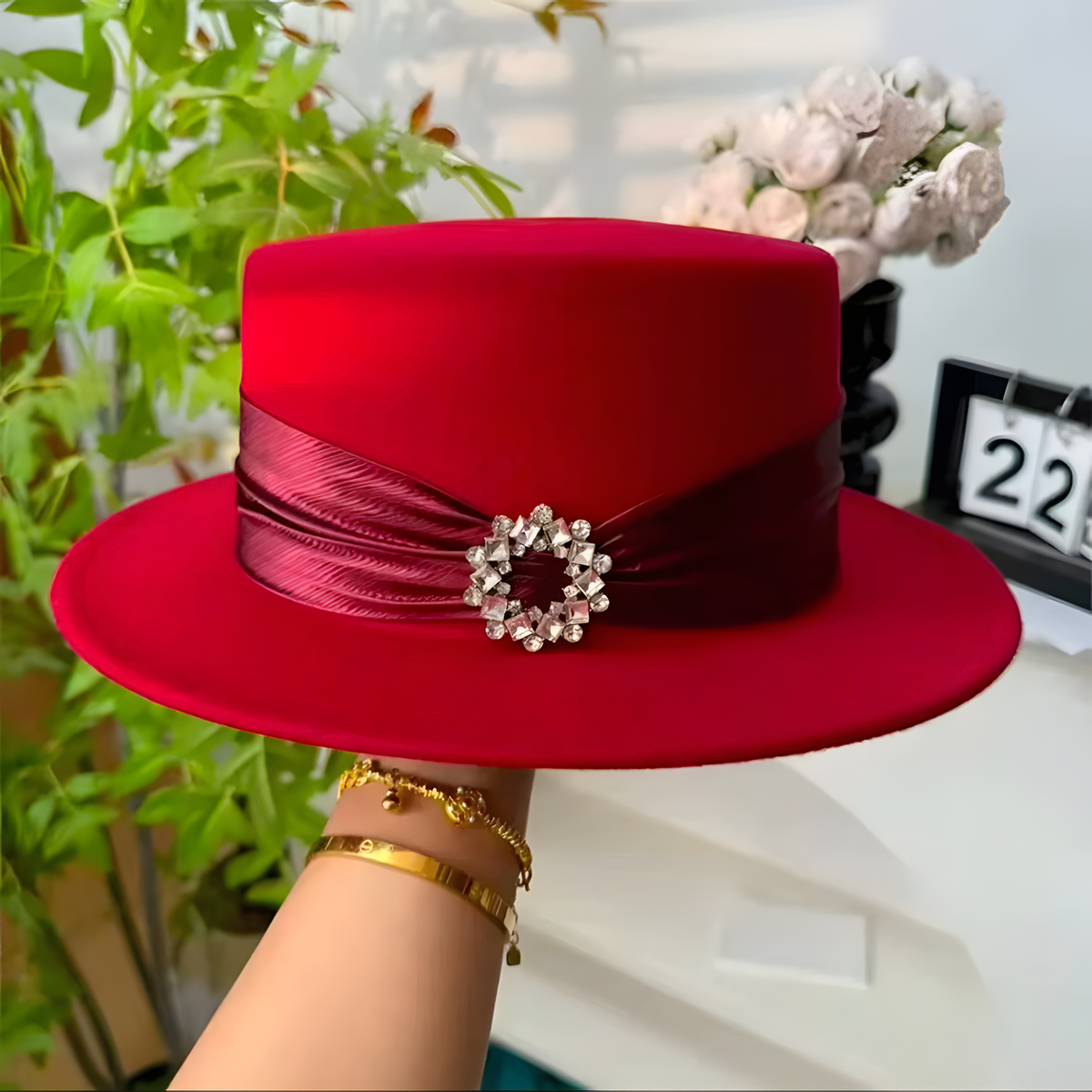 Wool Flat-Top Hat with Decorative Band and Brooch Detail