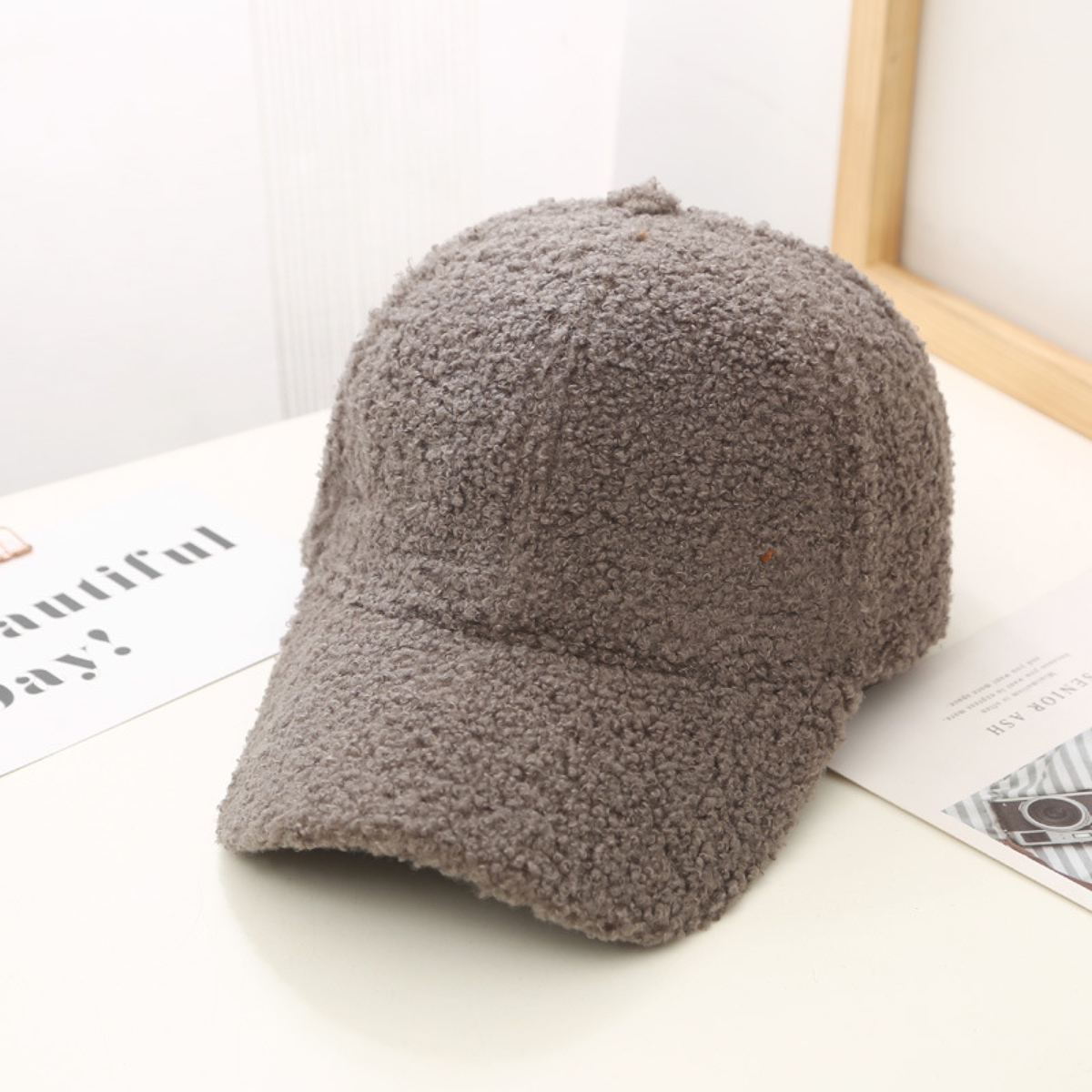 Teddy-Fleece Baseball Cap with Curved Brim and Adjustable Strap