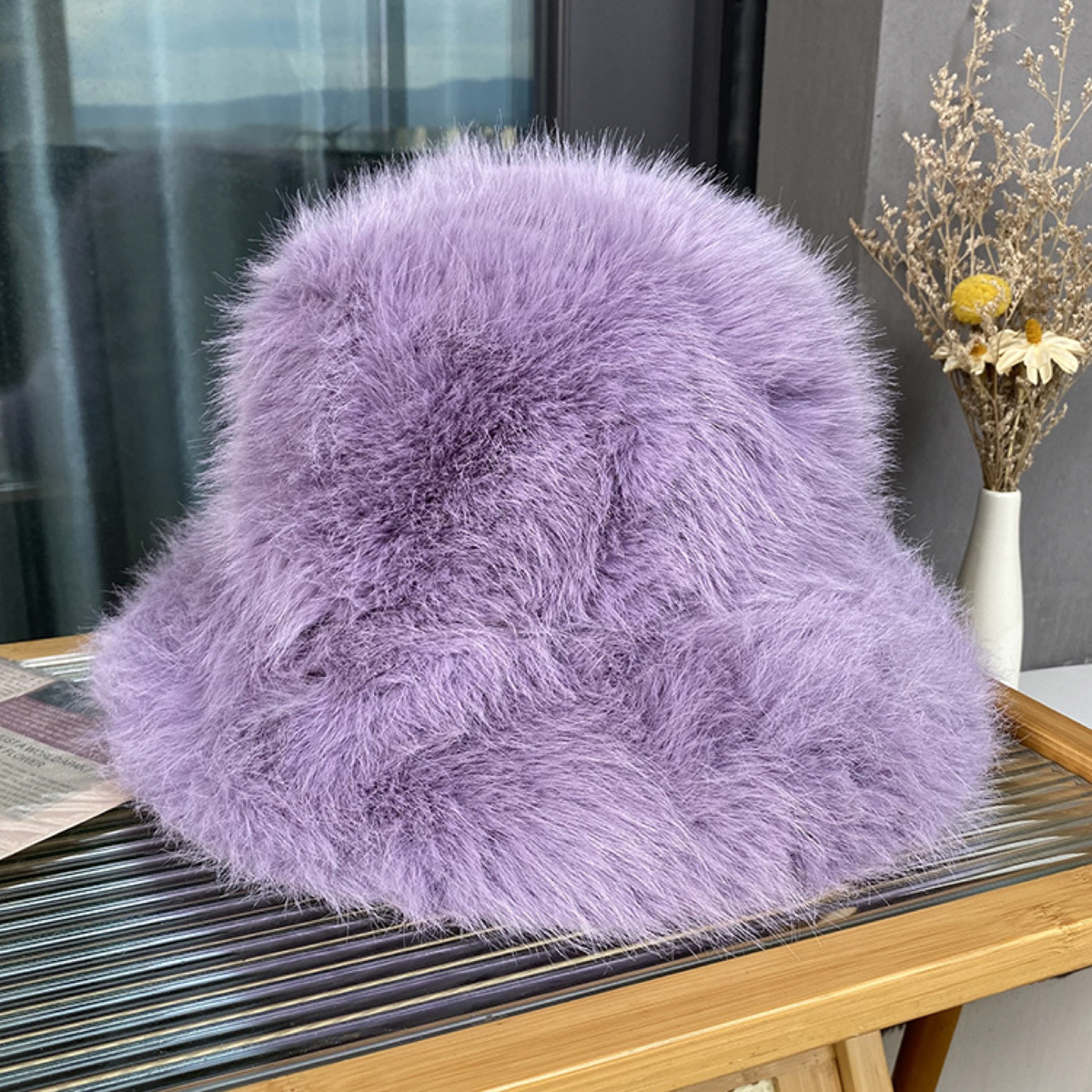 Plush Faux-Fur Bucket Hat with Rounded Crown and Soft Brim