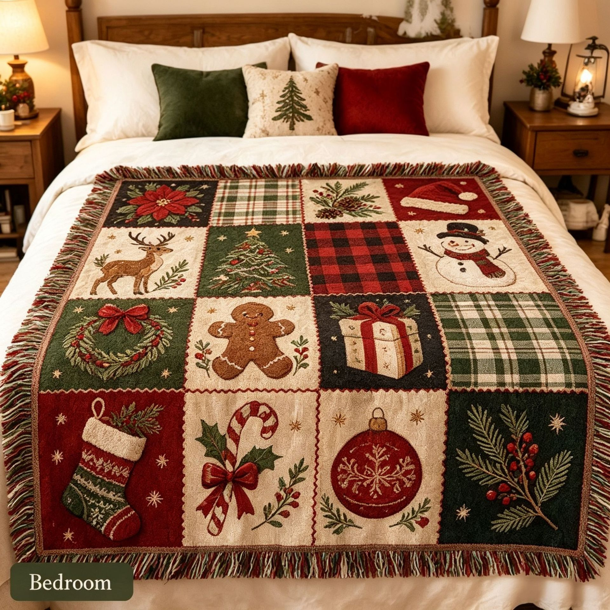 Illustrated Woven Throw Blanket with Fringe, 130 x 160 cm