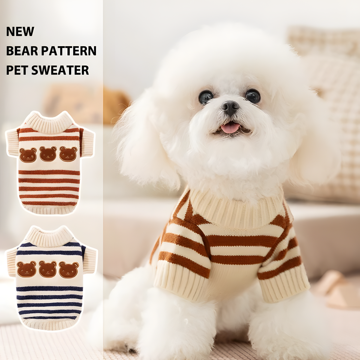 Knitted Pet Sweater with Ribbed Neck and Short Sleeves for Cool Days