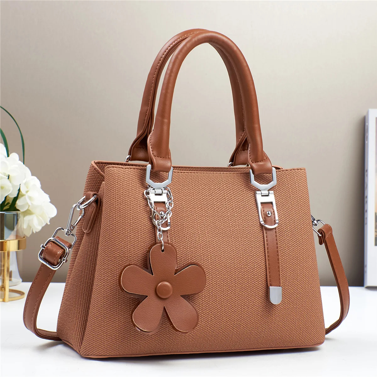 Flower Charm Structured Handbag with Crossbody Strap