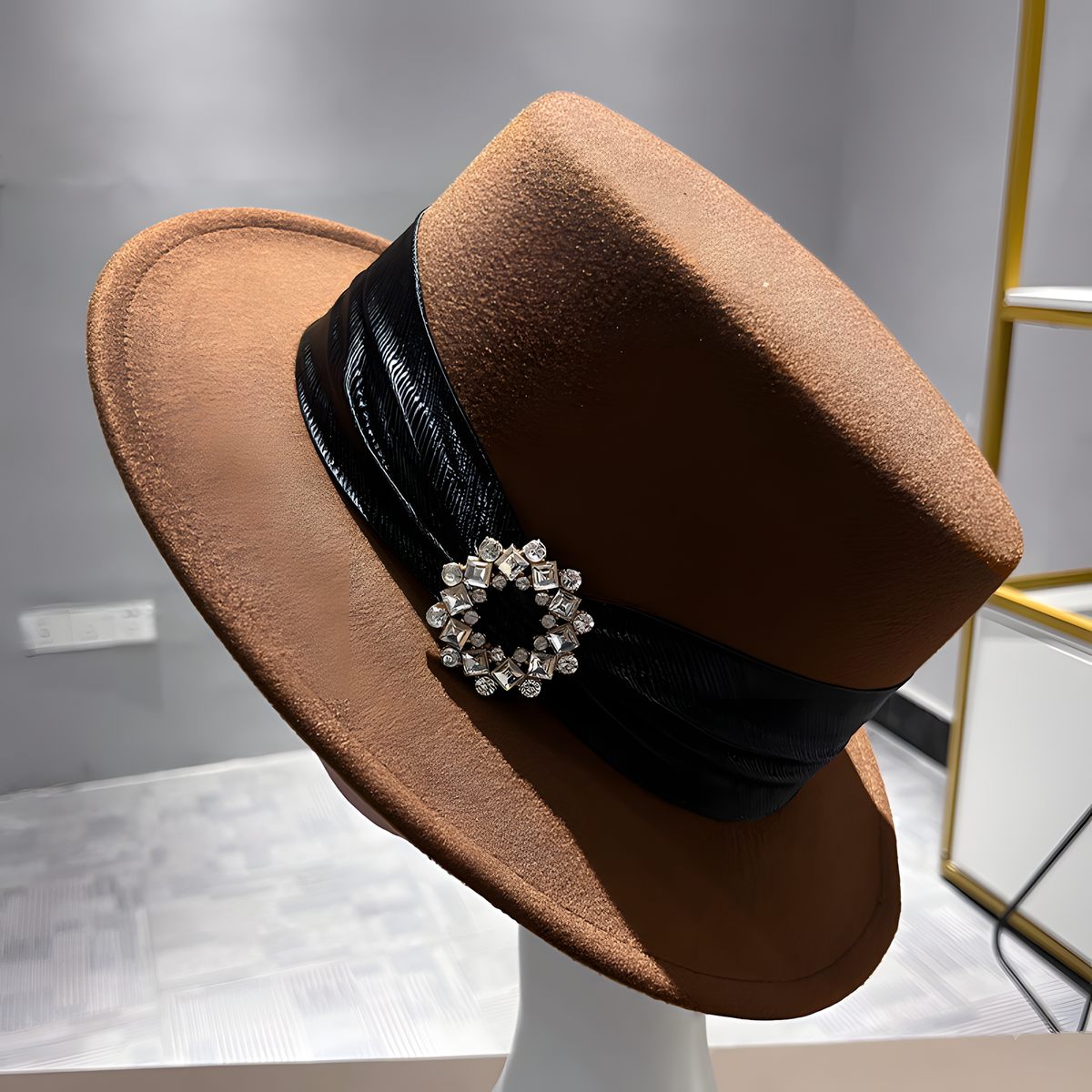 Wool Flat-Top Hat with Decorative Band and Brooch Detail