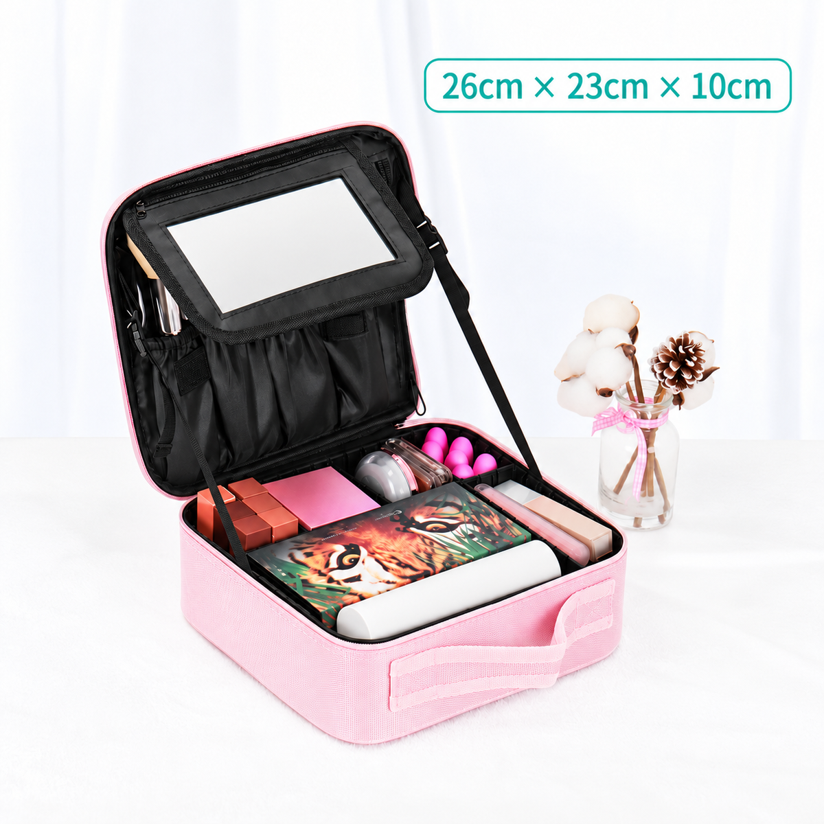 Makeup Travel Case, Adjustable Dividers and Brush Storage