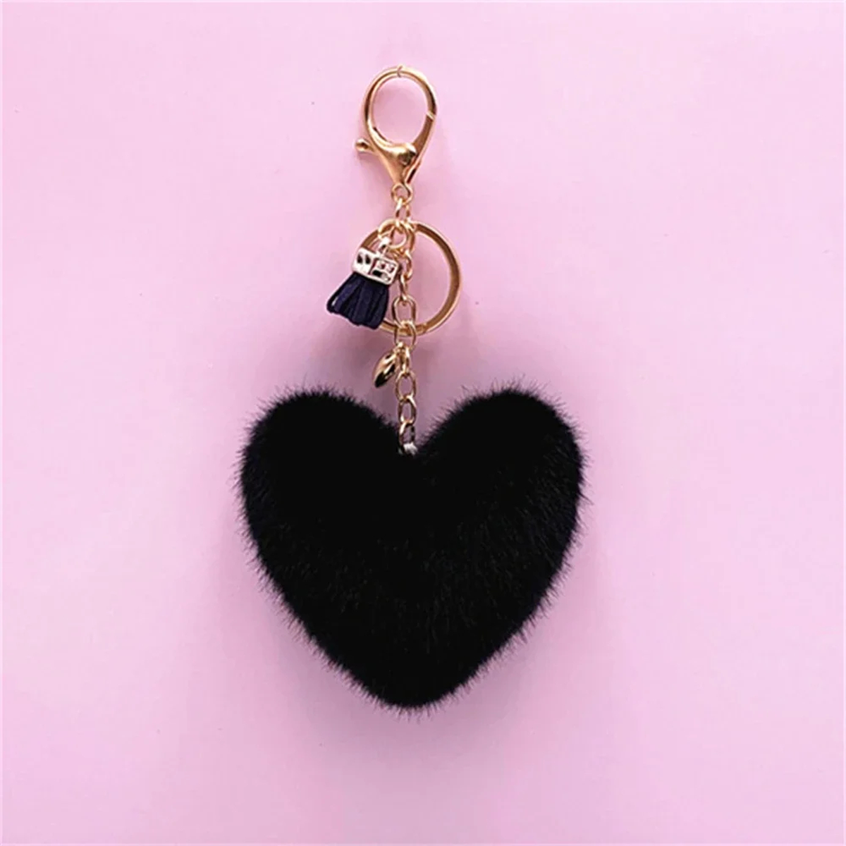 Fluffy Heart Keychain Charm with Tassel and Gold-Tone Clasp