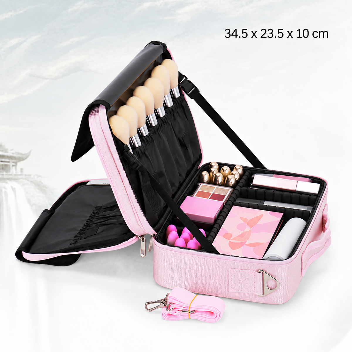 Makeup Travel Case, Adjustable Dividers and Brush Storage