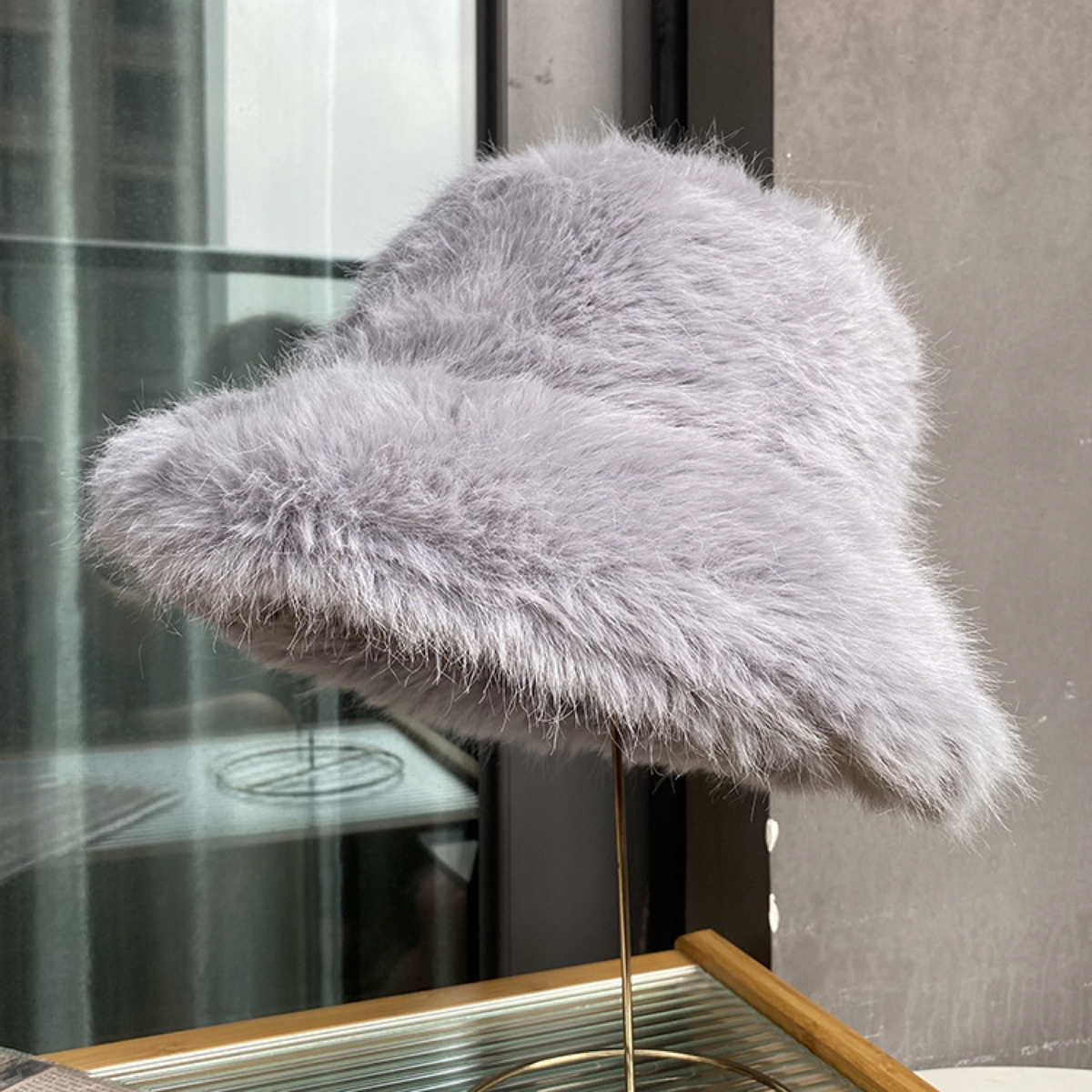 Plush Faux-Fur Bucket Hat with Rounded Crown and Soft Brim