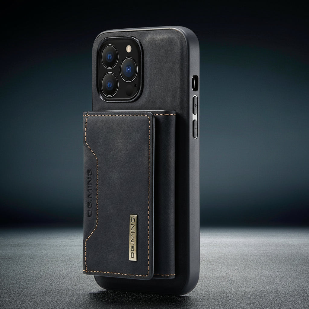 Black phone case with card holder on a dark background