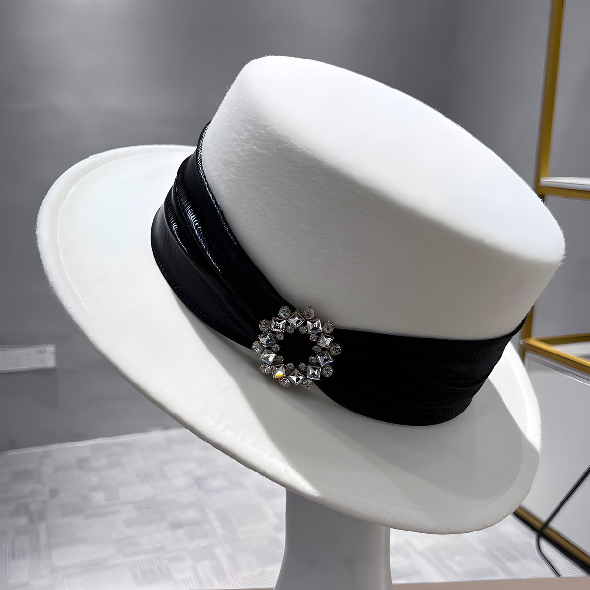 Wool Flat-Top Hat with Decorative Band and Brooch Detail