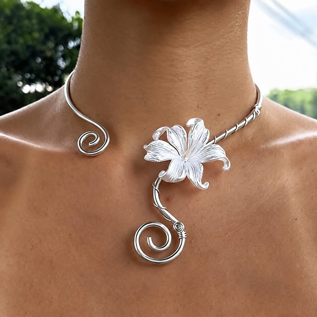 Iris Flower Choker, Open Collar Necklace with Spiral Details