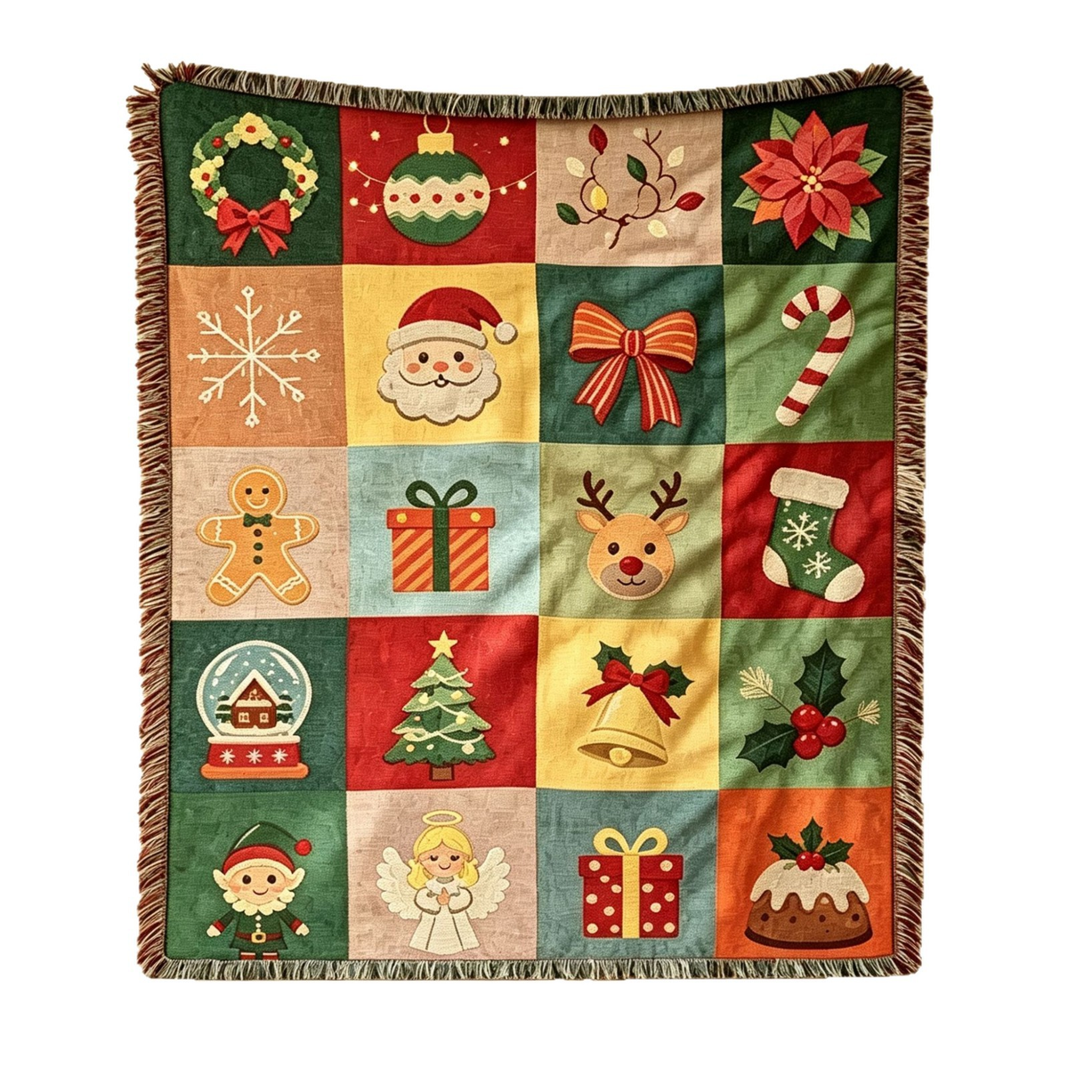 Illustrated Woven Throw Blanket with Fringe, 130 x 160 cm