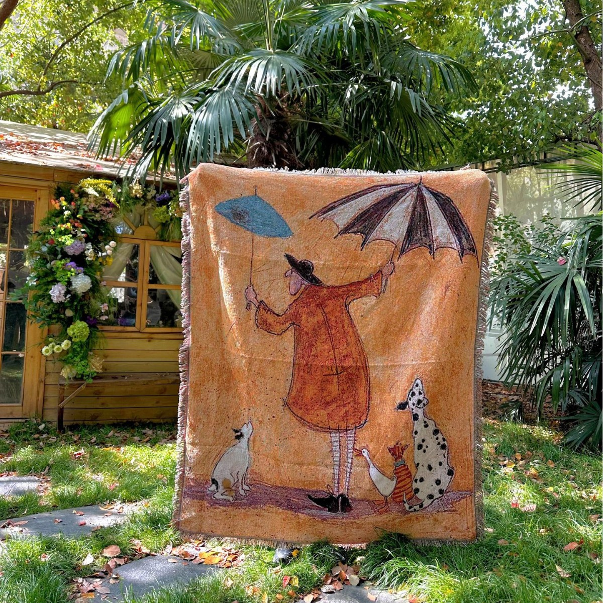 Illustrated Woven Throw Blanket with Fringe, 130 x 160 cm