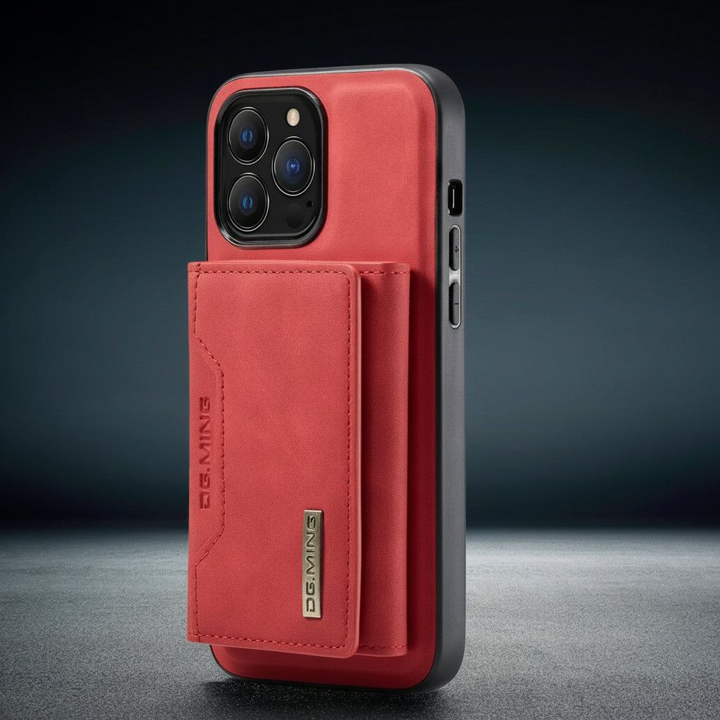 Red phone case with card holder on a dark background