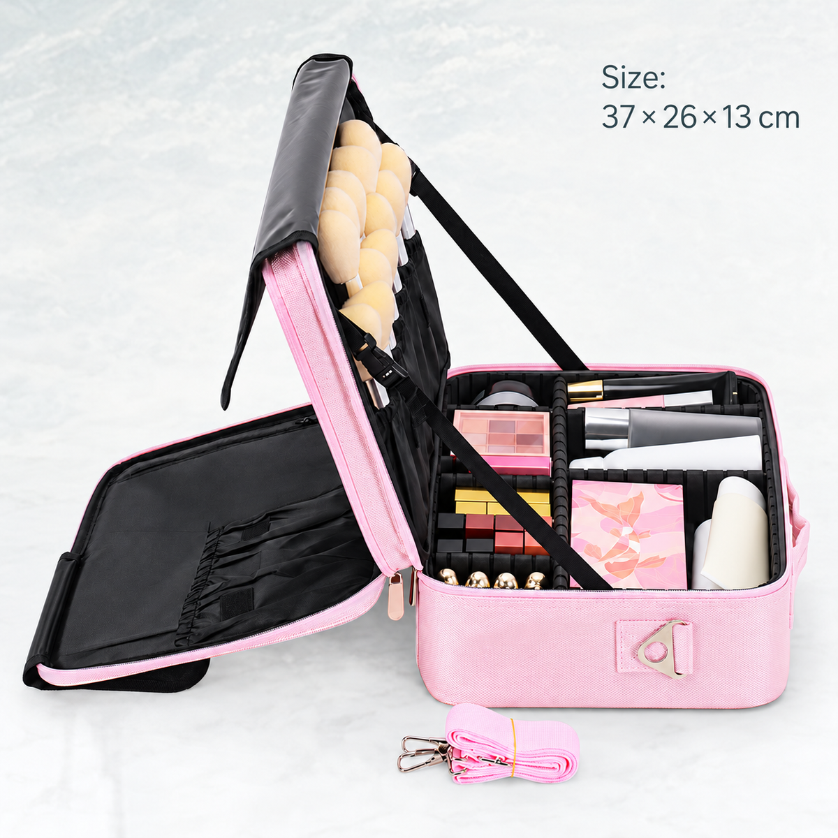 Makeup Travel Case, Adjustable Dividers and Brush Storage