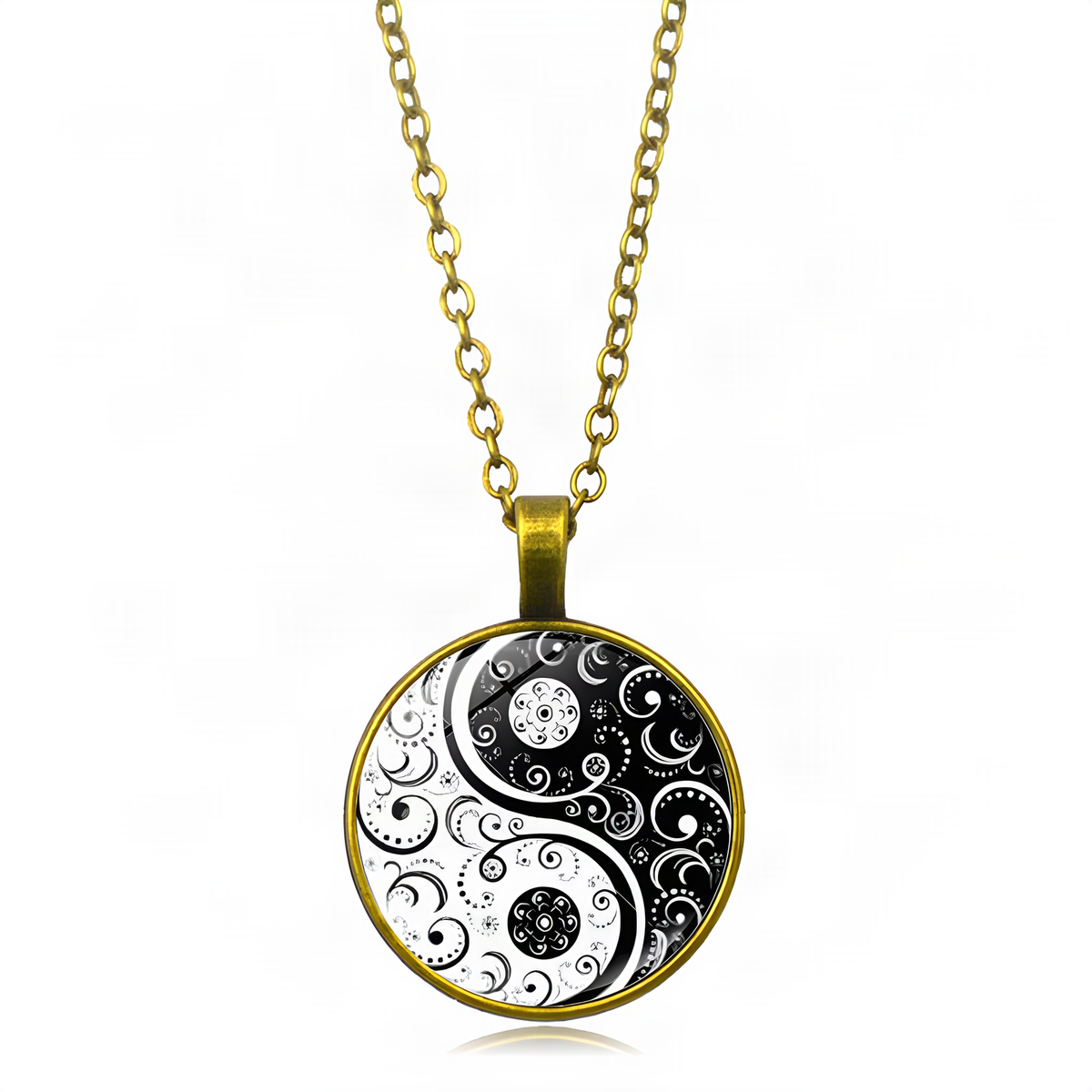 Yin Yang Pendant Necklace with Domed Cover and Alloy Frame