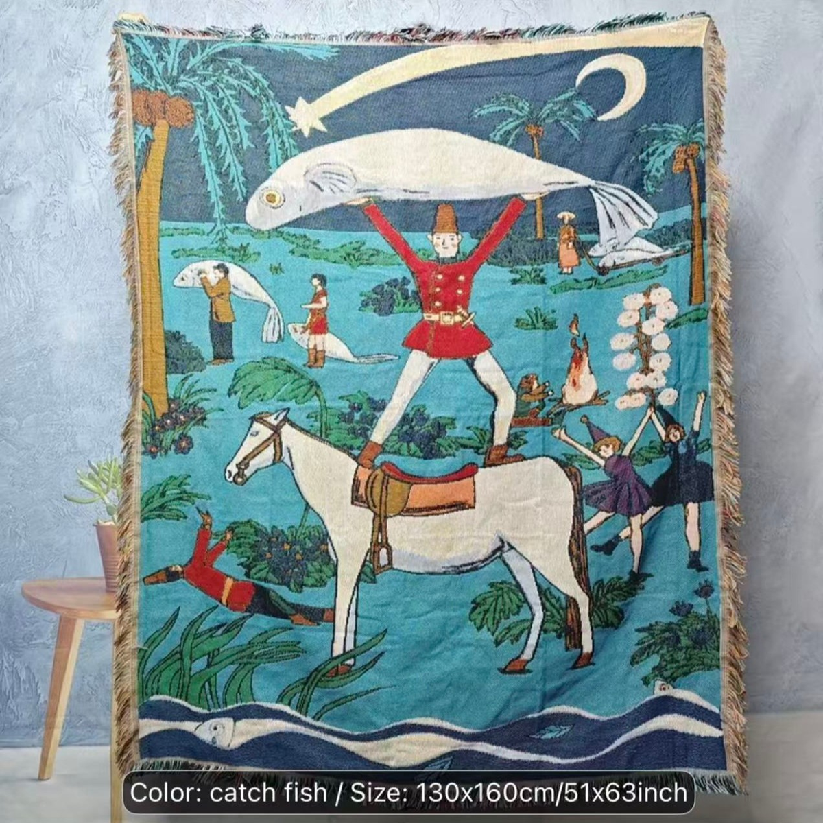 Illustrated Woven Throw Blanket with Fringe, 130 x 160 cm