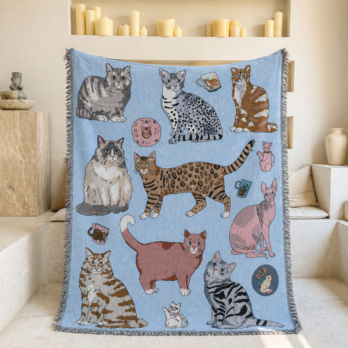Illustrated Woven Throw Blanket with Fringe, 130 x 160 cm