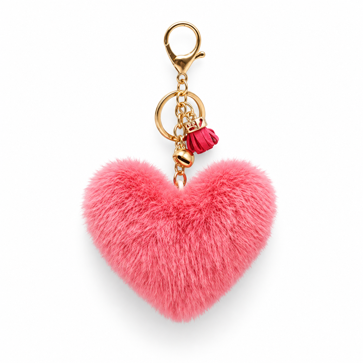 Fluffy Heart Keychain Charm with Tassel and Gold-Tone Clasp