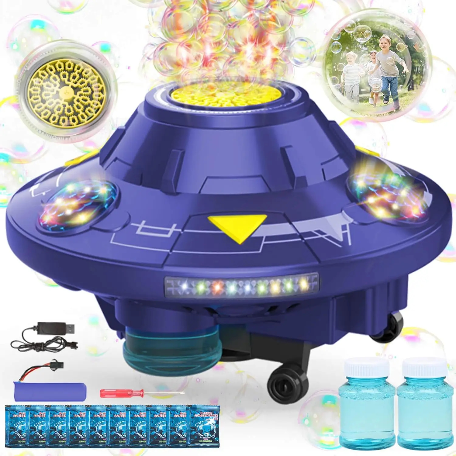 Flying Saucer Bubble Machine with Lights Rotating Kids Toy