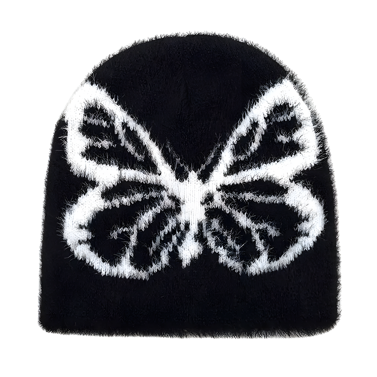 Fuzzy Butterfly Knit Beanie with Contrast Motif in Seven Colors