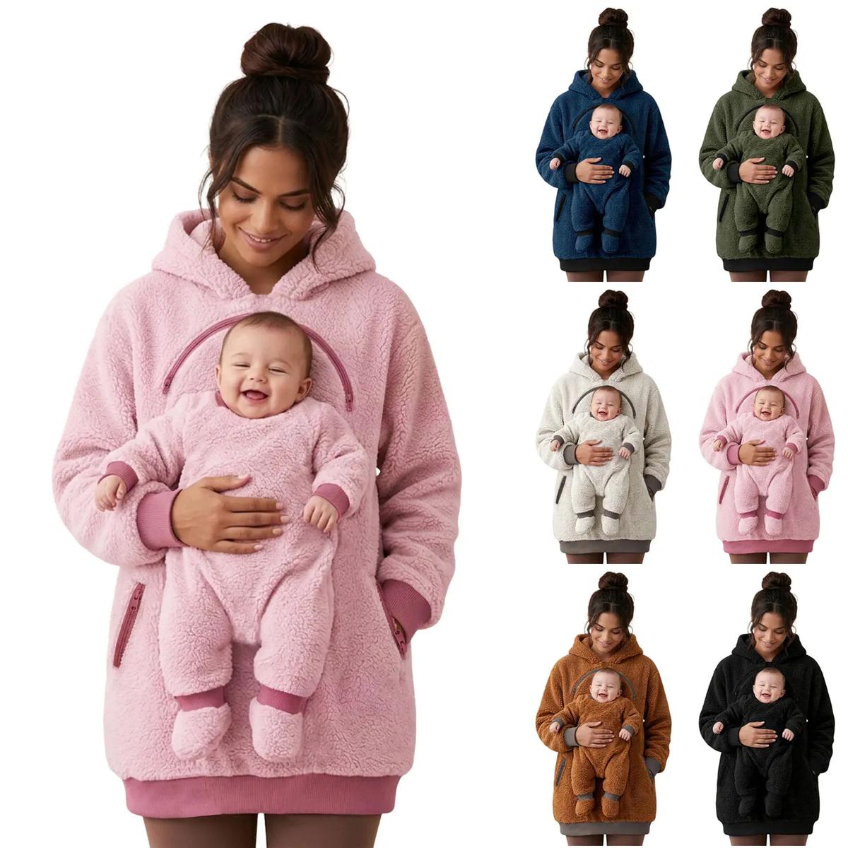 Sherpa Fleece Baby Pouch Hoodie with Zippered Front Panel