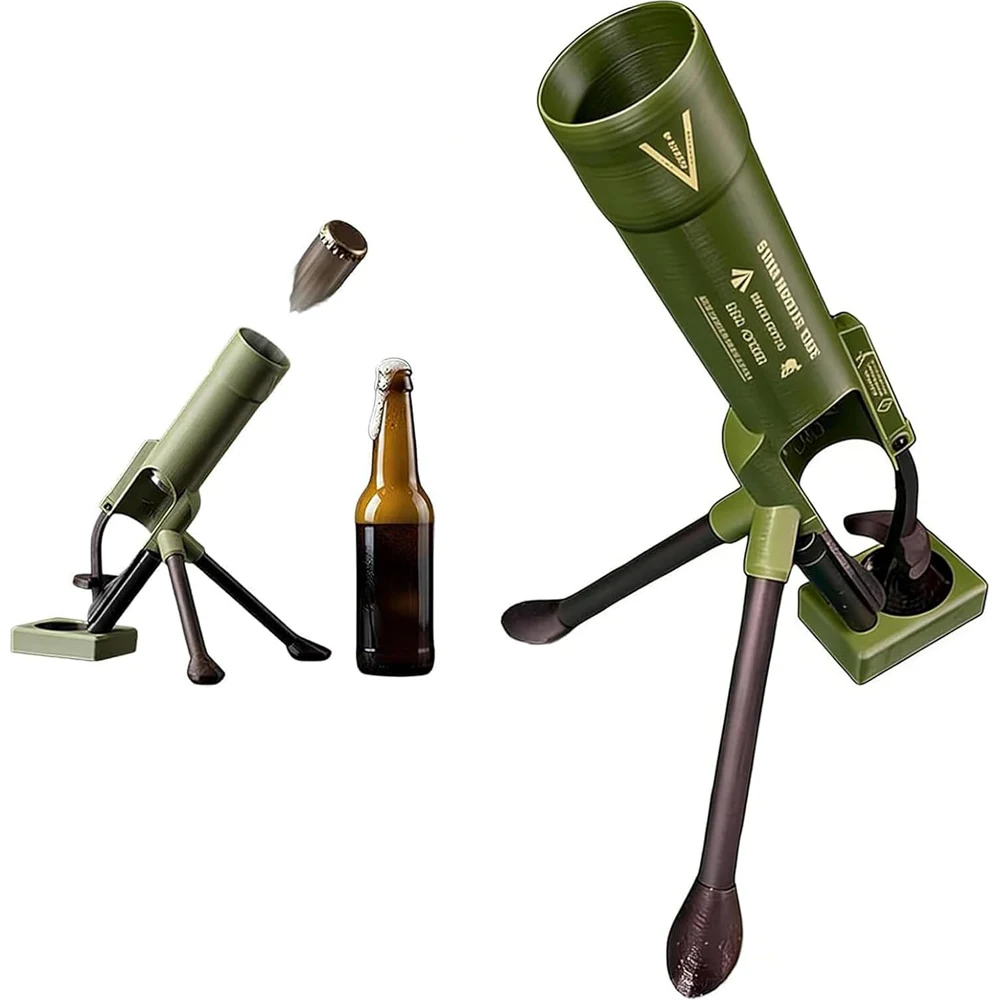 Green beer can opener with a bottle on a white background