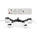A quad-rotor mini drone with four small propellers and a white dome light, shown with its white remote control on a solid white background.