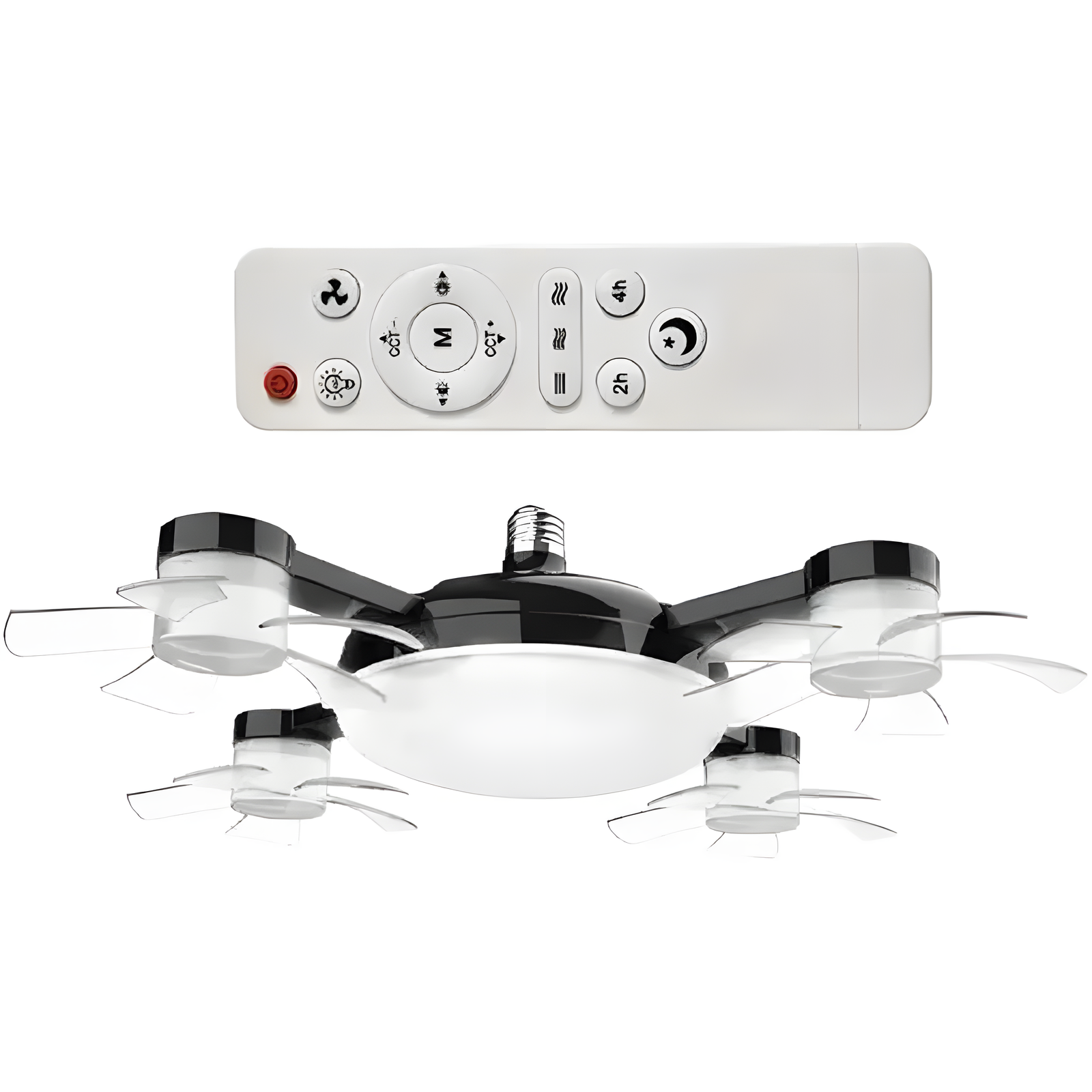 A quad-rotor mini drone with four small propellers and a white dome light, shown with its white remote control on a solid white background.