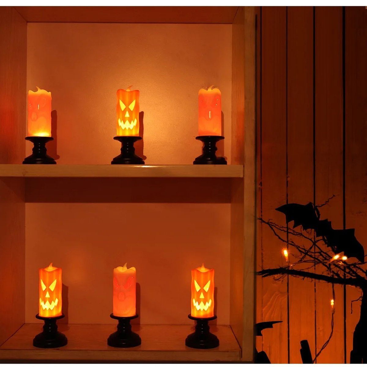 Orange Halloween LED Candlestick with Jack-o'-Lantern Face