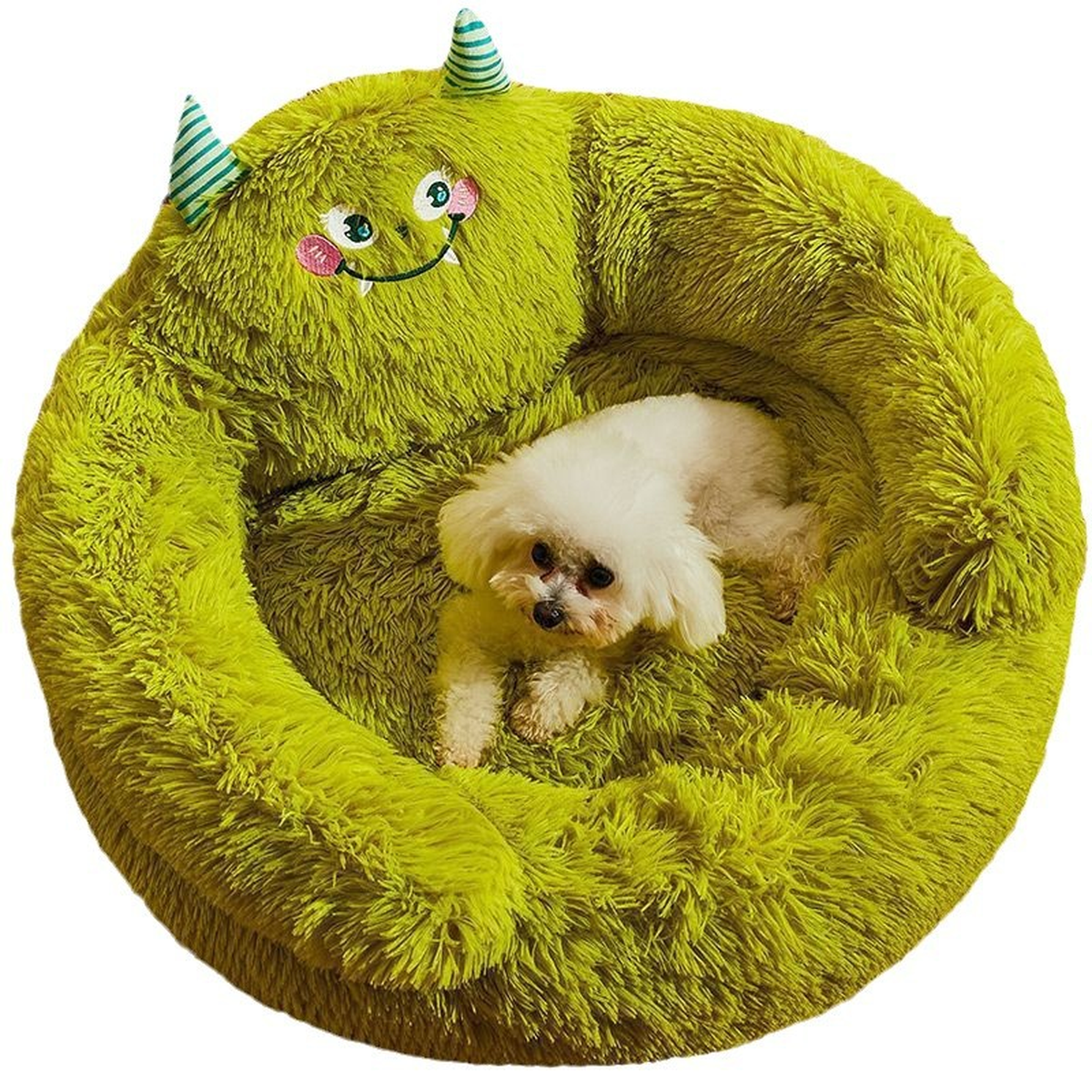 Soft Round Plush Pet Bed with Monster Face Backrest